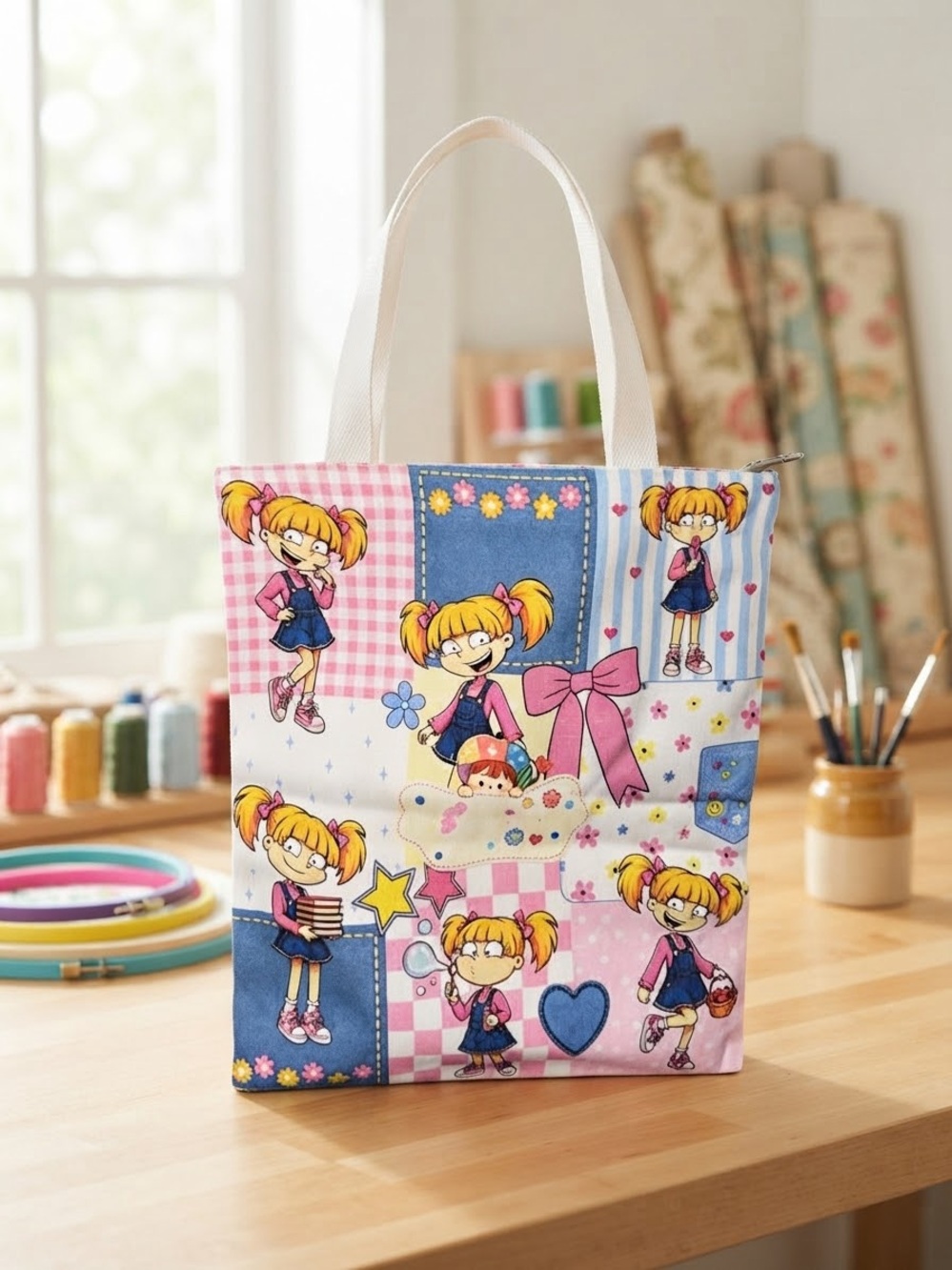 Cute Cartoon Girl Pink & Blue Kids Tote Bag